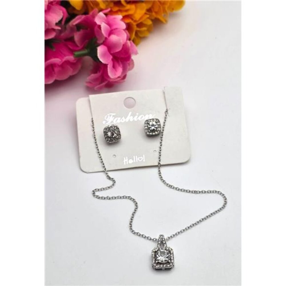 Hello! Silver Tone CZ Necklace And Stud Earrings Set 18 In Adjustable